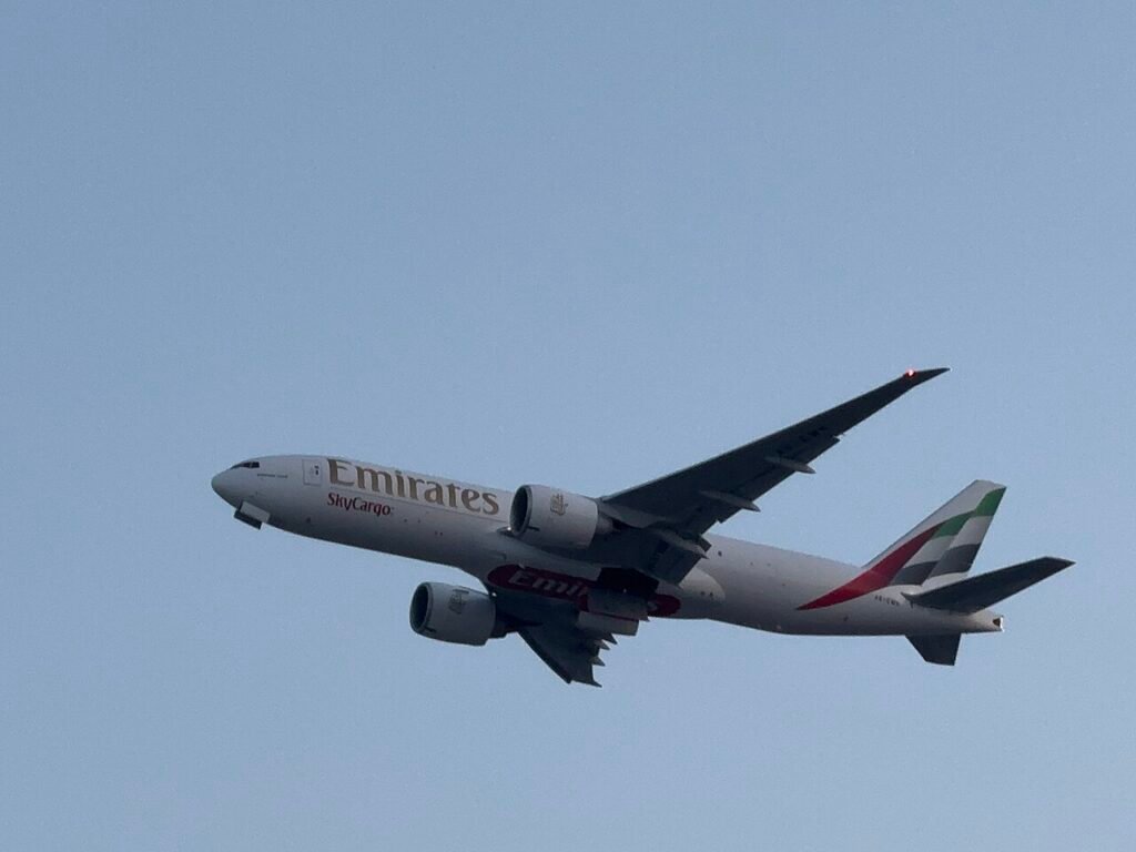 Emirates SkyCargo freighter at Al Maktoum International Airport, the cargo hub serving Dubai South free zone companies