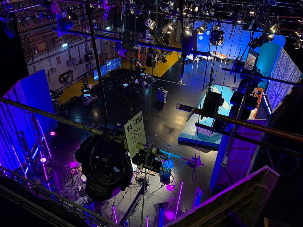 Television studio gallery with cameras and lighting rig, the kind of production infrastructure a twofour54 licence provides access to