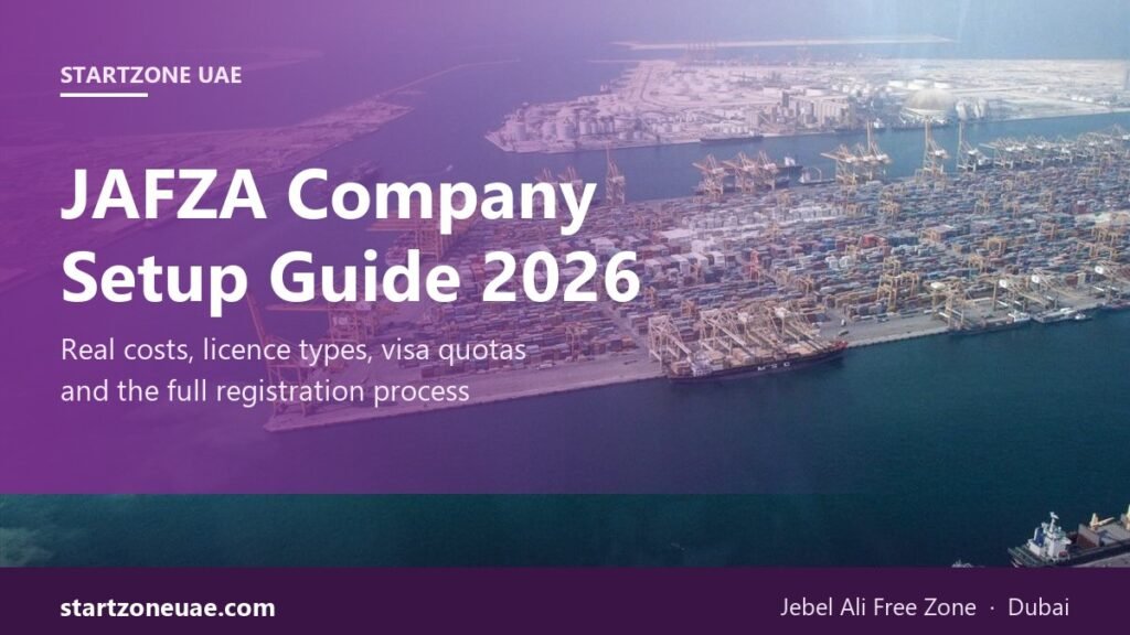 JAFZA company setup 2026 - aerial view of Jebel Ali Port and free zone, Dubai