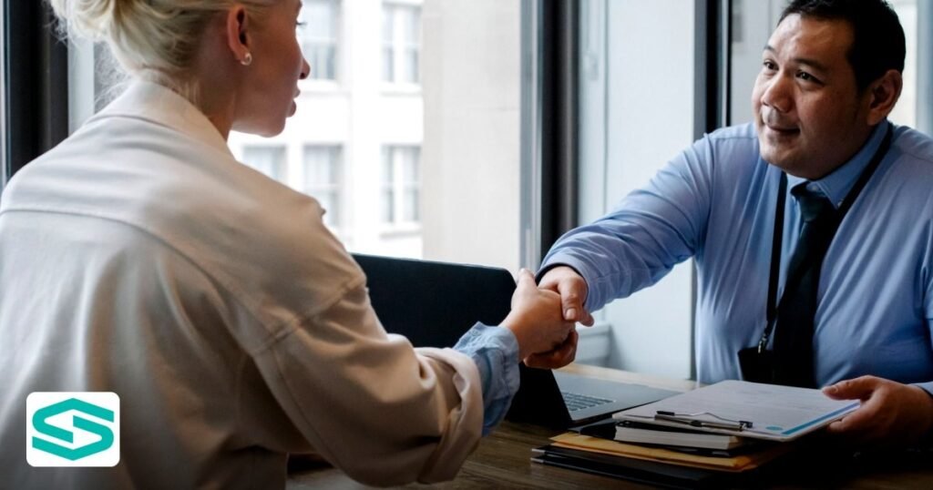 UAE Free Zone Banking Options for SMEs in 2026 - ethnic male entrepreneur shaking hand of female candidate during job
